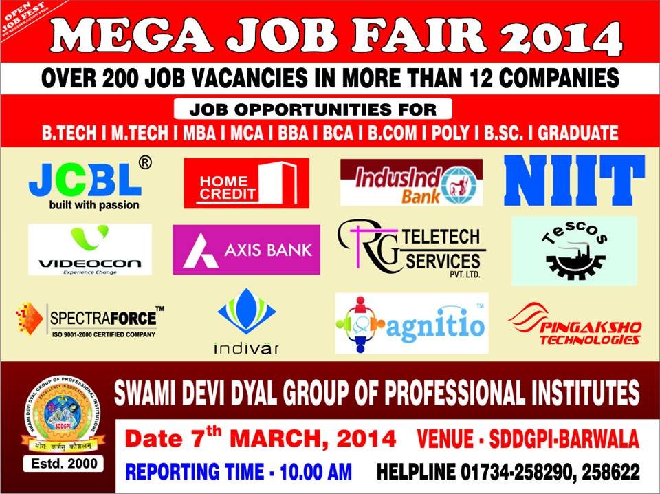 Mega Job Fair For freshers at Swami Devi Dyal Group of Professional Institutions: On 7th March 2014
